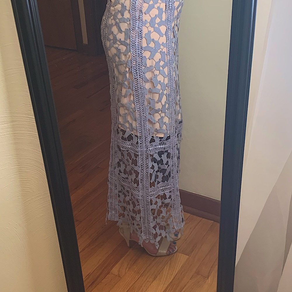 Periwinkle Lace Midi wedding guest dress Revolve